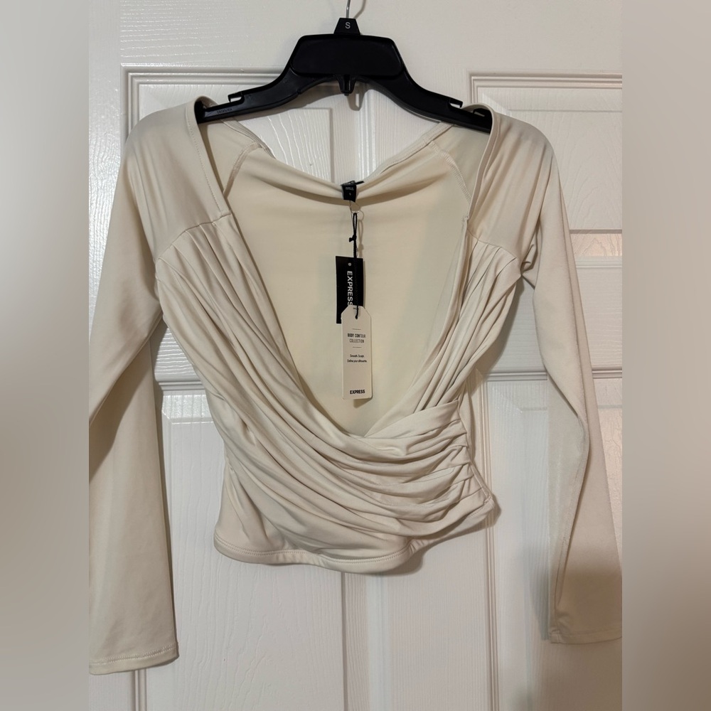 Express Body Contour Cream Ruched Long Sleeve Blouse